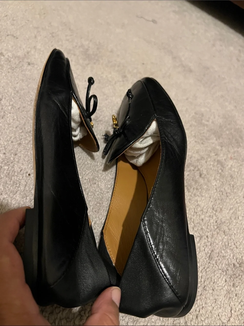 Tory Burch Black Leather Bow Loafers with Gold Emblem Size 5M